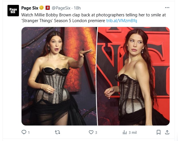Millie Bobby Brown, furiosa con reportero que le pidió que sonría para la foto: "¡Sonríe tú!" / Captura x.com/PageSix
