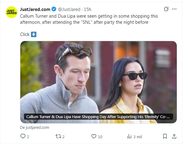 Dua Lipa, fotografiada junto a Callum Turner en la previa a sus conciertos en Chile / Captura x.com/JustJared