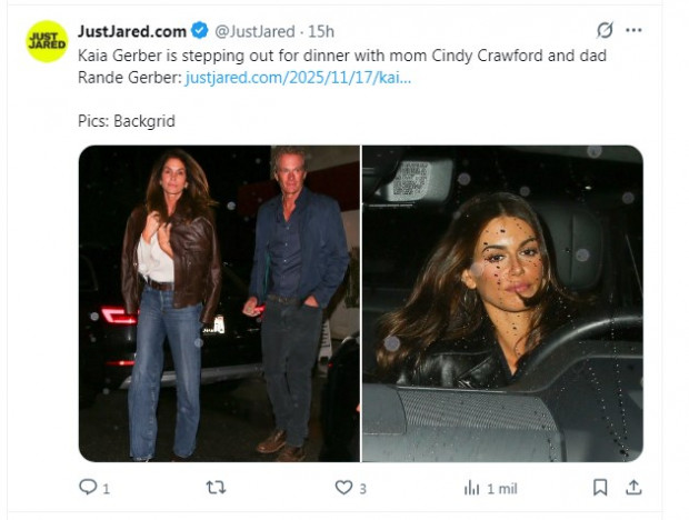 Kaia Gerber salió a cenar junto a sus padres: El asombro por su parecido a Cindy Crawford es total / Captura x.com/JustJared
