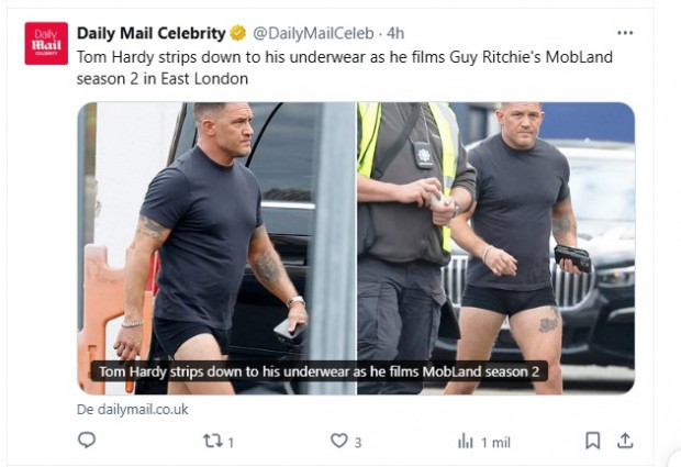 Tom Hardy llama la atención al mostrarse en el set de rodaje en calzoncillos / Captura x.com/DailyMailCeleb