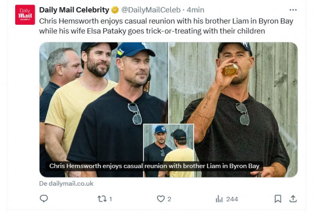 Chris Hemsworth fue fotografiado en Australia, lejos de Elsa Pataky: ¿Qué ocurre entre ambos? / Captura x.com/DailyMailCeleb