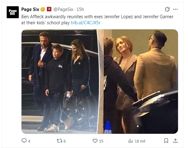 Sorpresa: Ben Affleck fue fotografiado en el mismo evento junto a Jennifer Garner y Jennifer Lopez / Captura x.com/PageSix