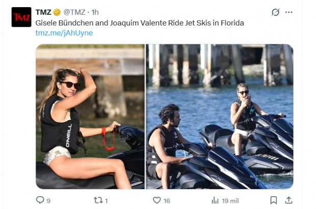 Gisele Bündchen demostró el envidiable estado que mantiene; supermodelo fue captada practicando deportes acuáticos junto a Joaquim Valente / Captura x.com/TMZ