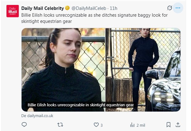 Billie Eilish sorprendió a todos al ser vista con una tenida sumamente ajustada: "Irreconocible" / Captura x.com/DailyMailCeleb