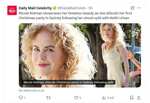 Meses después de divorciarse de Keith Urban, Nicole Kidman encantó con su look juvenil / Captura x.com/DailyMailCeleb