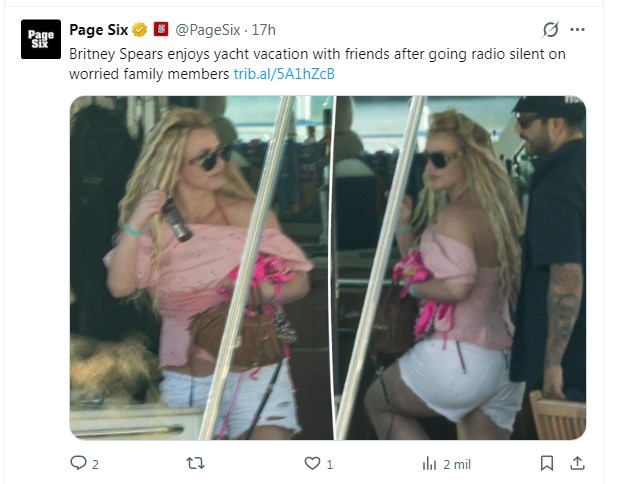 Sus familiares están preocupados por ella, pero a Britney Spears no le importa: así disfrutó a bordo de un yate / Captura x.com/PageSix