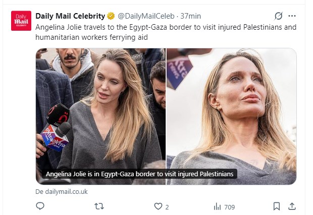 Gesto conmovedor de Angelina Jolie: fue vista en la frontera entre Egipto y Gaza para ayudar a los heridos / x.com/DailyMailCeleb