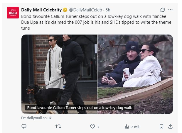 Dua Lipa, fotografiada en romántica caminata con Callum Turner / Captura x.com/DailyMailCeleb