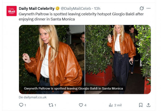 Gwyneth Paltrow fue fotografiada a la salida de un restaurante y encantó con el look que llevó / Captura www.dailymail.co.uk
