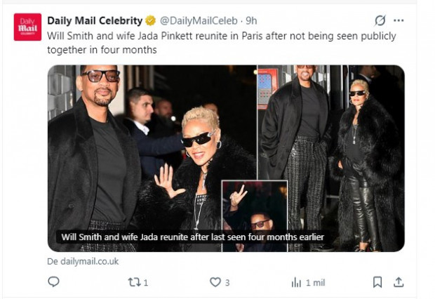 Will Smith, fotografiado junto a su esposa jada Pinkett después de mucho tiempo / Captura x.com/DailyMailCeleb