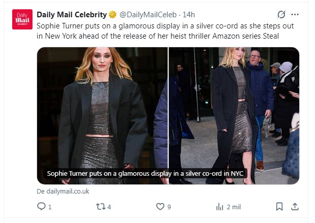 Sophie Turner impacta con glamoroso look en Nueva York / Captura x.com/DailyMailCeleb