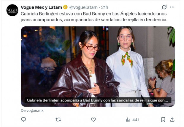 Gabriela Berlingeri sigue de cerca a Bad Bunny y dispara las especulaciones de reconciliación / Captura x.com/voguelatam