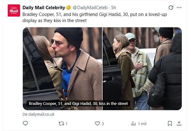 Gigi Hadid, a los besos en la calle con Bradley Cooper / Captura x.com/DailyMailCeleb
