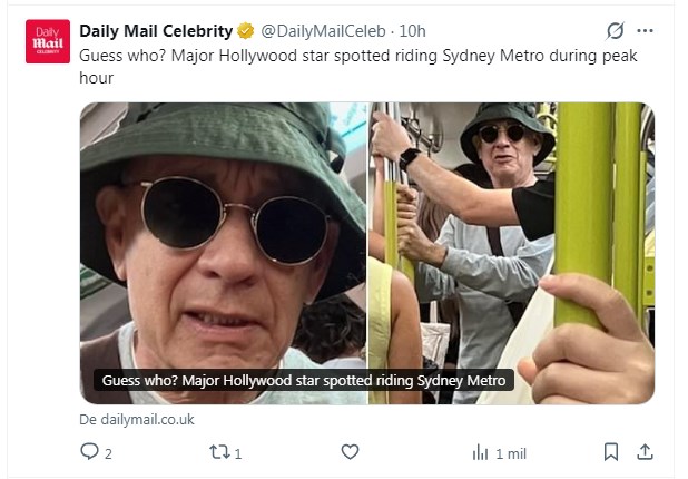 Tom Hanks sorprendió al ser fotografiado en el metro junto a otros pasajeros / Captura x.com/DailyMailCeleb