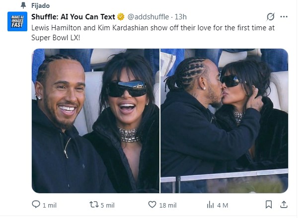 Kim Kardashian, a los besos con Lewis Hamilton en el SuperBowl: ¿Ya son una pareja? / Captura x.com/addshuffle