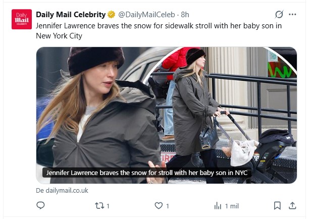Pese al frío extremo en Nueva York, Jennifer Lawrence decidió sacar a pasear a su bebé / Captura x.com/DailyMailCeleb