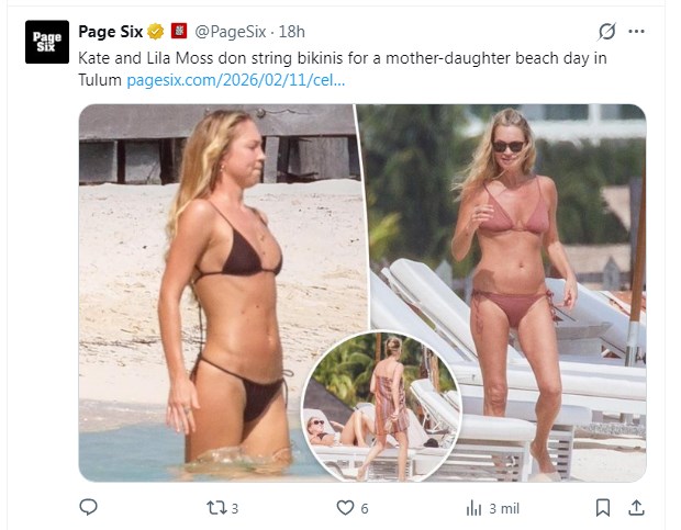 Kate Moss y su hija Lila se mostraron juntas y muy relajadas en las playas mexicanas / Captura x.com/PageSix