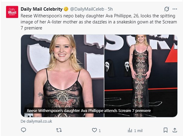 Ava Phillippe fue fotografiada en premiere, y vovlió a asombrar gracias a su parecido con Reese Witherspoon / Captura x.com/DailyMailCeleb