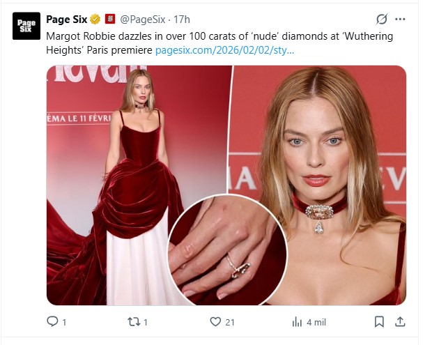 Margot Robbie acaparó todas las miradas con este look en la premiere de "Wuthering Heights" / Captura x.com/PageSix