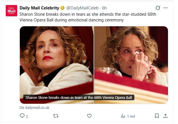 Sharon Stone se emocionó hasta las lágrimas en el Baile de la Ópera de Viena / Captura x.com/DailyMailCeleb