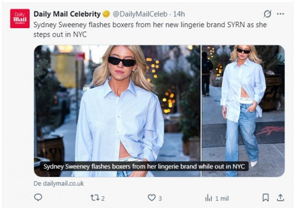 Sydney Sweeney sorprende a los paparazzis con el envidiable estado que mantiene / Captura x.com/DailyMailCeleb