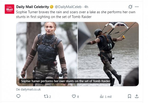 Sophie Turner, fotografiada rodando escenas de riesgo para "Tomb Raider" / Captura x.com/DailyMailCeleb