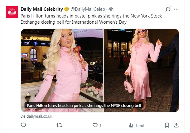 Paris Hilton deslumbró en Nueva York con este increíble vestido rosado / Captura x.com/DailyMailCeleb