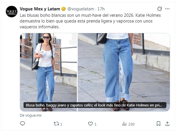 Katie Holmes volvió a ser fotografiada con un estilo simple después de mucho tiempo / Captura x.com/voguelatam