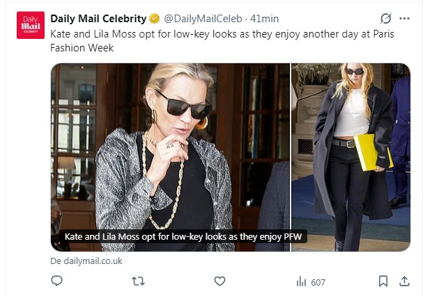 Kate y Lila Grace Moss encantan en la Paris Fashion Week y vuelven a sorprender con el parecido entre ambas / Captura x.com/DailyMailCeleb