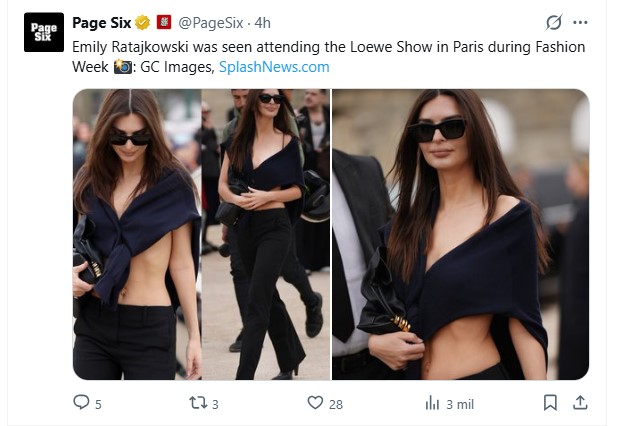 Emily Ratajkowski, otra celebridad que brilló en la Paris Fashion Week / Captura x.com/PageSix