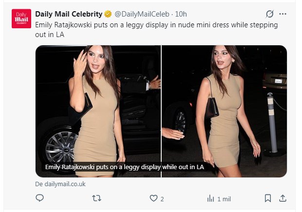 Emily Ratajkowski, radiante durante una salida en Los Ángeles / Captura x.com/DailyMailCeleb