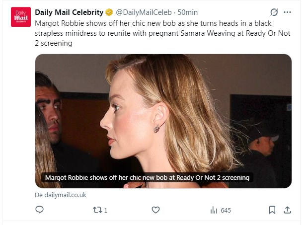 Margot Robbie fue fotografiada con drástico cambio de look y los sorprendió a todos / Captura x.com/DailyMailCeleb