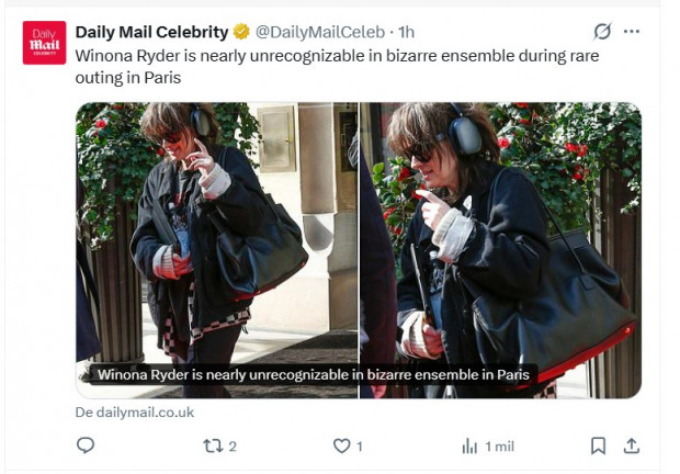 ¿Esa es Winona Ryder? Actriz fue fotografiada en París con un look irreconocible / Captura x.com/DailyMailCeleb