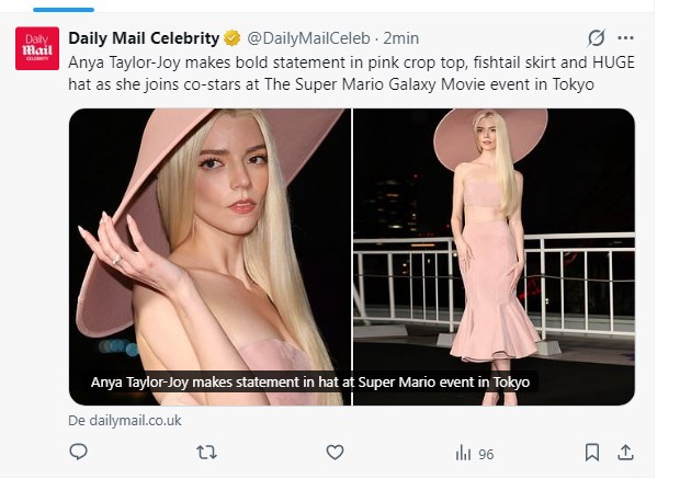 Anya Taylor-Joy deslumbró en evento con un increíble vestido rosado / Captura x.com/DailyMailCeleb
