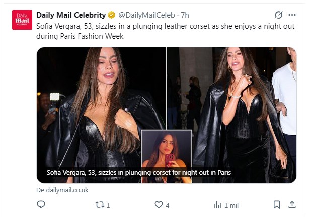 Sofía Vergara deslumbró a todos con su look en la Paris Fashion Week / Captura x.com/DailyMailCeleb