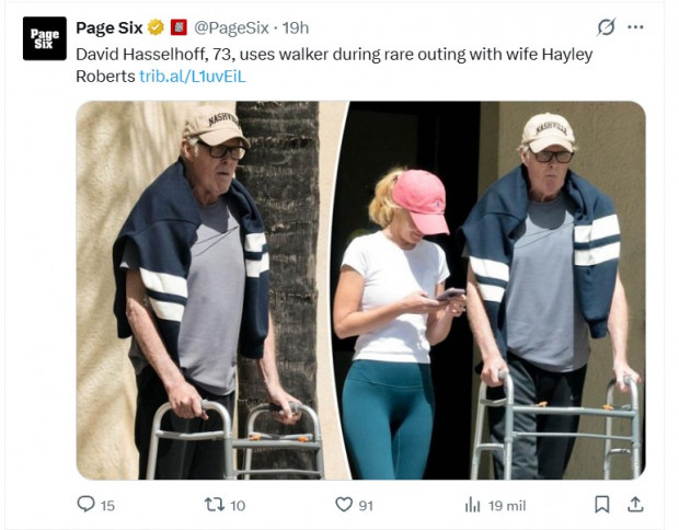 David Hasselhoff, captado nuevamente con dificultades para caminar; en este caso, ayudado por un andador / Captura x.com/PageSix