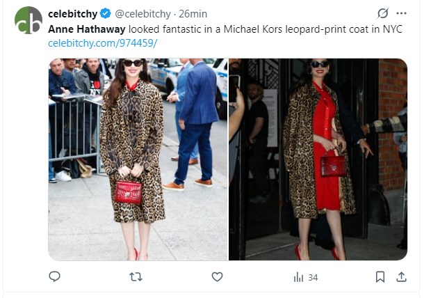 Anne Hathaway encanta con su look en premiere de "El Diablo Viste a la Moda 2" / Captura x.com/celebitchy