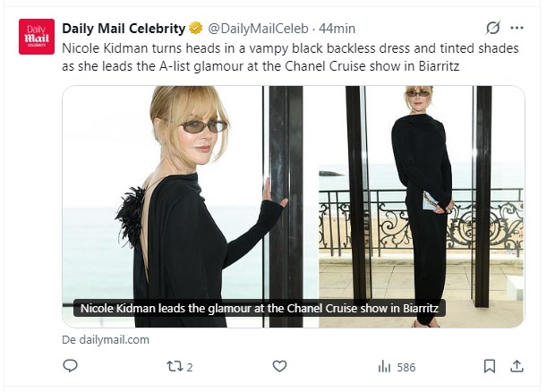 Nicole Kidman deslumbra a pura elegancia en desfile de Chanel / Captura x.com/DailyMailCeleb