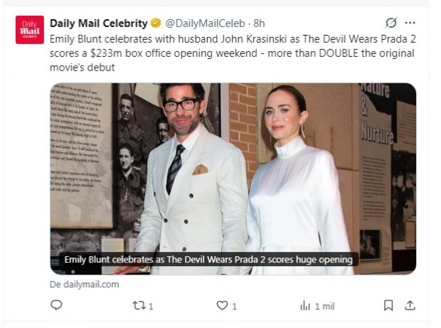 "El Diablo Viste a la Moda 2" recaudó más de US$ 230 millones, y Emily Blunt salió a celebrar junto a su marido / Captura x.com/DailyMailCeleb