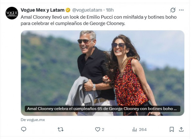 Amal Clooney acompañó a George en su cumpleaños número 65, y terminó opaçandolo con su look / Captura x.com/voguelatam