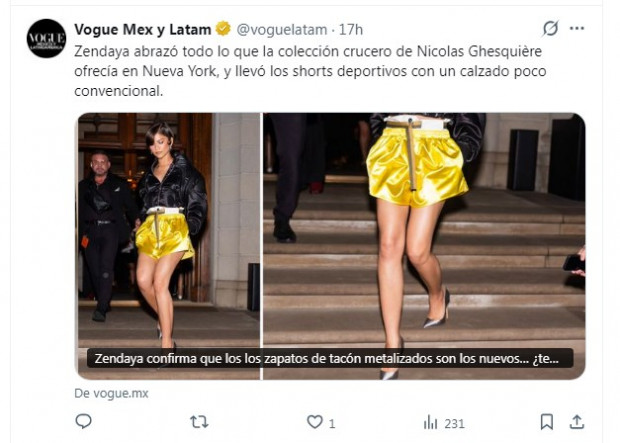 Zendaya sorprendió a todos al ser captada enfundada en shorts y zapatos / Captura x.com/voguelatam