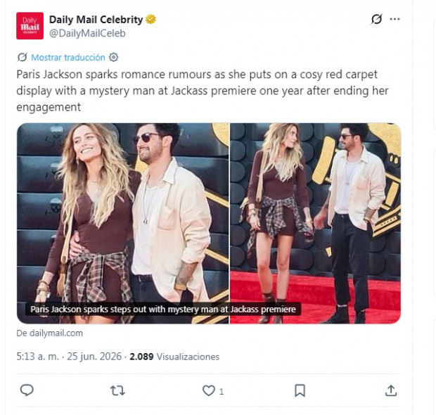 Paris Jackson sorprende al asistir a la premiere de "Jackass" acompañada por un misterioso hombre / Captura x.com/DailyMailCeleb