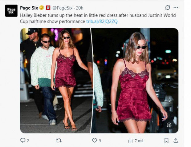 Hailey Bieber encanta con minivestido rojo en show de medio tiempo de la final del Mundial / Captura x.com/PageSix