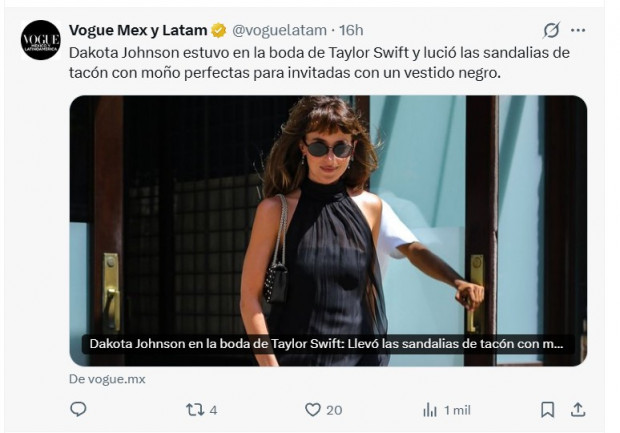 Dakota Johnson brilló en boda de Taylor Swift y Travis Kelce / Captura x.com/voguelatam