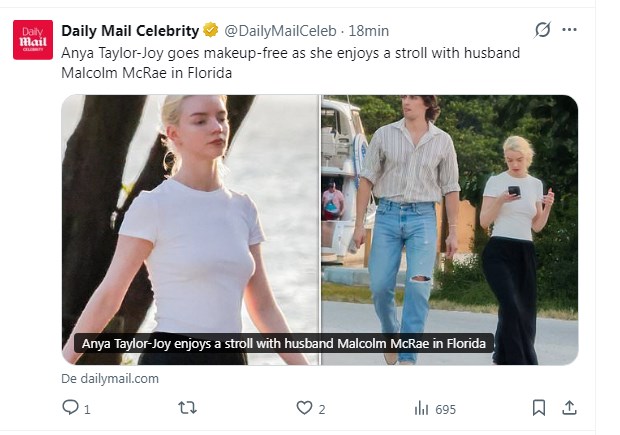 Anya Taylor-Joy encantó a todos al salir a pasear sin una gota de maquillaje / Captura x.com/DailyMailCeleb