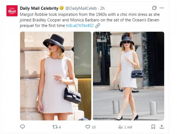 Margot Robbie deslumbra con su elegancia en el set de su nueva cinta / Captura x.com/DailyMailCeleb