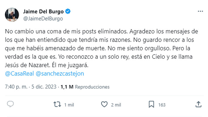 El mensaje de De Burgo en la red social X.