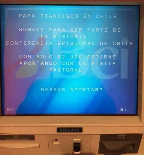 Se podrá donar dinero para la visita papa a través de los cajeros automáticos. Foto: Captura de Twitter.