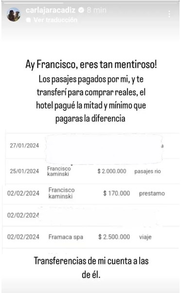 Jara tildó de "mentiroso" a Kaminski por los gastos de un viaje a Brasil / www.instagram.com/carlajaracadiz