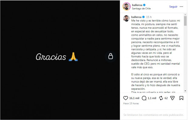 Tan solo dos días después de anunciar que se iba, Álvaro Ballero volvió a las redes sociales / www.instagram.com/balleroa